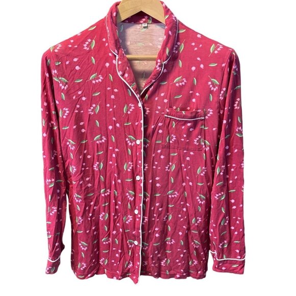 Red Button Front Long Sleeve Floral Patterned Pajama Top Sz M - Picture 1 of 6